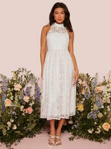 SHEIN Belle Vestido de novia de cuello alto con encaje - Blanco - Ver 4