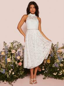 SHEIN Belle Vestido de novia de cuello alto con encaje - Blanco - Ver 5