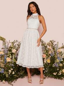 SHEIN Belle Vestido de novia de cuello alto con encaje - Blanco - Ver 7