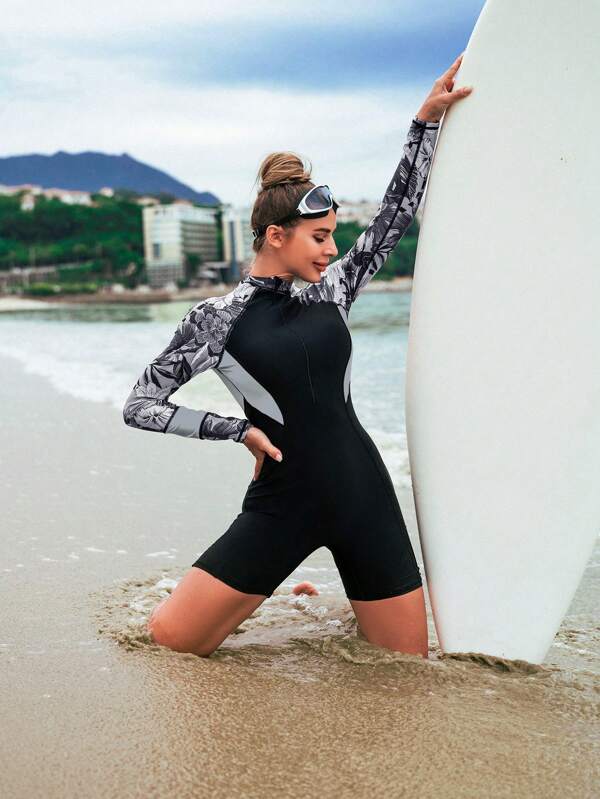 Swim SPRTY Floral Print Zip Up Raglan Sleeve One Piece Swimsuit,Summer Beach