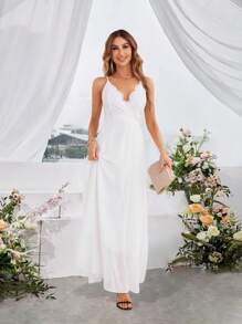 SHEIN Privé Vestido maximalista de mujer con camiseta de tirantes de gasa y encaje en contraste - Blanco - Ver 3