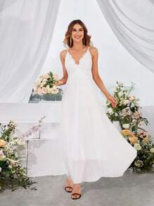 SHEIN Privé Vestido maximalista de mujer con camiseta de tirantes de gasa y encaje en contraste - Blanco - Ver 4