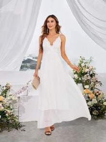 SHEIN Privé Vestido maximalista de mujer con camiseta de tirantes de gasa y encaje en contraste - Blanco - Ver 5