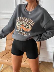 SHEIN Unity Pullover con estampado de slogan y coche de hombros caídos - Gris Oscuro - Ver 4