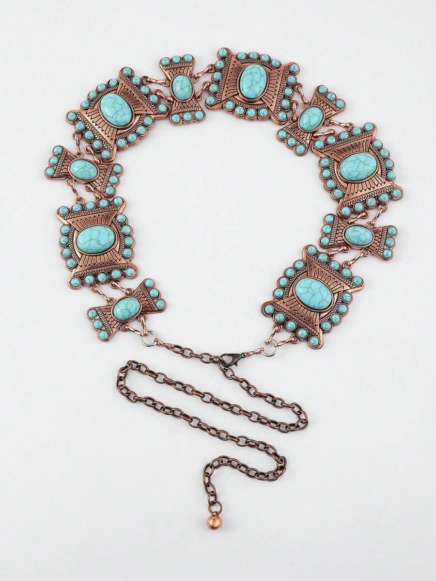 Turquoise Decor Chain Belt - Bronze - View 1