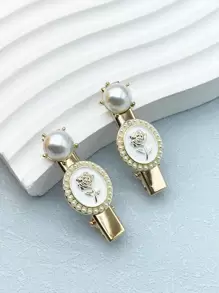 2pcs Alloy Rose & Pearl Hair Clips - Multicolor - View 1