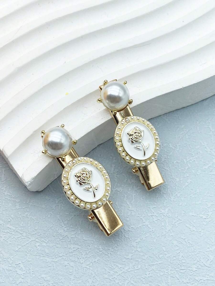 2pcs Alloy Rose & Pearl Hair Clips - Multicolor - View 1