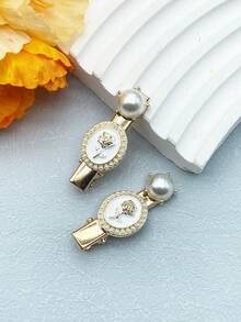 2pcs Alloy Rose & Pearl Hair Clips - Multicolor - View 3