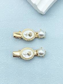 2pcs Alloy Rose & Pearl Hair Clips - Multicolor - View 4