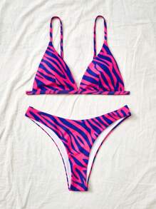 SHEIN Swim Summer Beach Zebra Striped Triangle Bikini Set - Multicolor - View 3