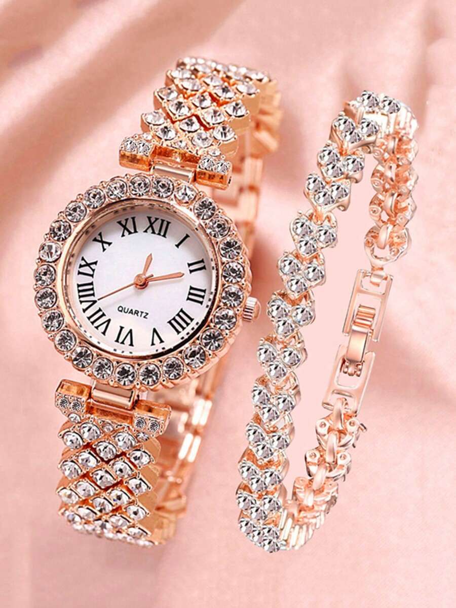 1入組女士男士玫瑰金金屬錶帶迷人水鑽裝飾圓形錶盤石英手錶和1入組手鍊用於日常裝飾 - 玫瑰金 - 查看 1