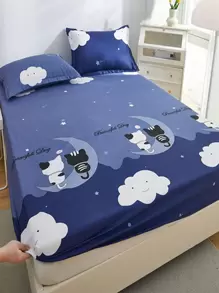 1 sábana bajera con diseño de luna y gato, sábana bajera ajustable impermeable de tela moderna para el hogar - Multicolor - Ver 1