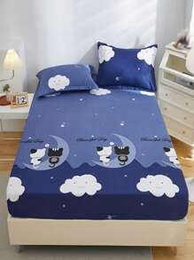 1 sábana bajera con diseño de luna y gato, sábana bajera ajustable impermeable de tela moderna para el hogar - Multicolor - Ver 2