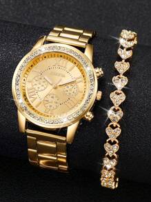 2pcs/Set Women's Quartz Wrist Watch With Steel Band, Rhinestone Embellished 3-Eye Roman Scale Dial + Bracelet, Watch Box Not Included - Gold - View 1