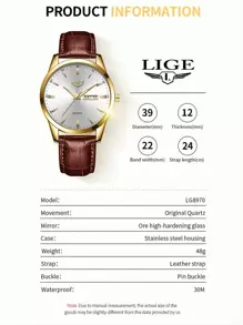 LIGE Men Round Dial Pointer Calendar Quartz Watch
