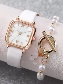 1 件白色 PU 聚氨酯表带时尚方形表盘石英表和 1 件手链，适合日常生活，可作为返校学生的礼物 - 白色 - 查看 2