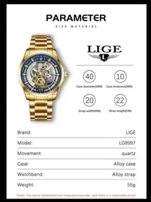 LIGE 男士鏤空圓形指針機械手表 - 藍色 - 查看 6