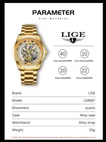 LIGE 男士鏤空圓形指針機械手表 - 金色 - 查看 6