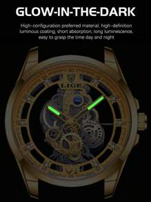 LIGE 男士鏤空圓形指針機械手表 - 金色 - 查看 4