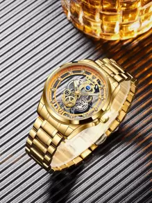 LIGE 男士鏤空圓形指針機械手表 - 金色 - 查看 3