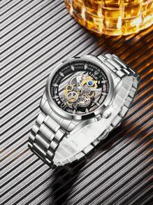 LIGE Men Hollow Out Round Pointer Quartz Watch