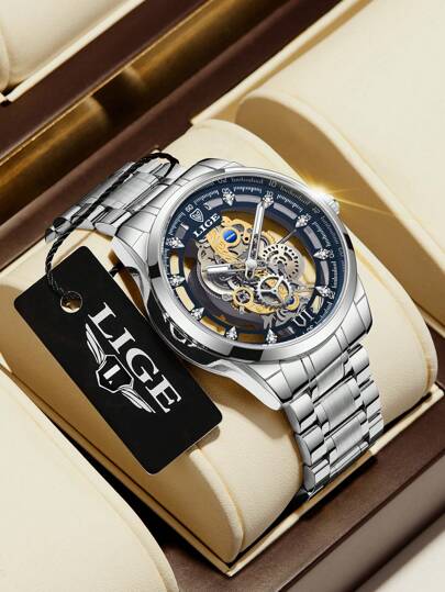 LIGE Men Hollow Out Round Pointer Quartz Watch