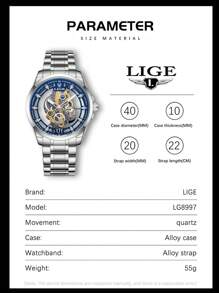 LIGE Men Hollow Out Round Pointer Quartz Watch - Blue - View 6