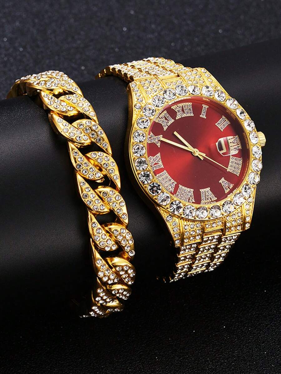 1入組女士金色鋅合金錶帶迷人水鑽裝飾羅馬數字刻度圓形錶盤石英手錶和1入組手鍊用於派對裝飾 - 酒紅色 - 查看 1