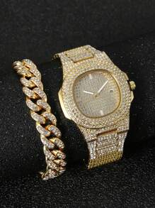 Chiếc Nam Vàng Dây Đeo Hợp Kim Kẽm Duyên Dáng Đá Trang Trí Mặt Tròn Đồng Hồ Thạch Anh Và 1 Chiếc Vòng Tay Cho cuộc Sống Hàng Ngày - phai - Xem 1