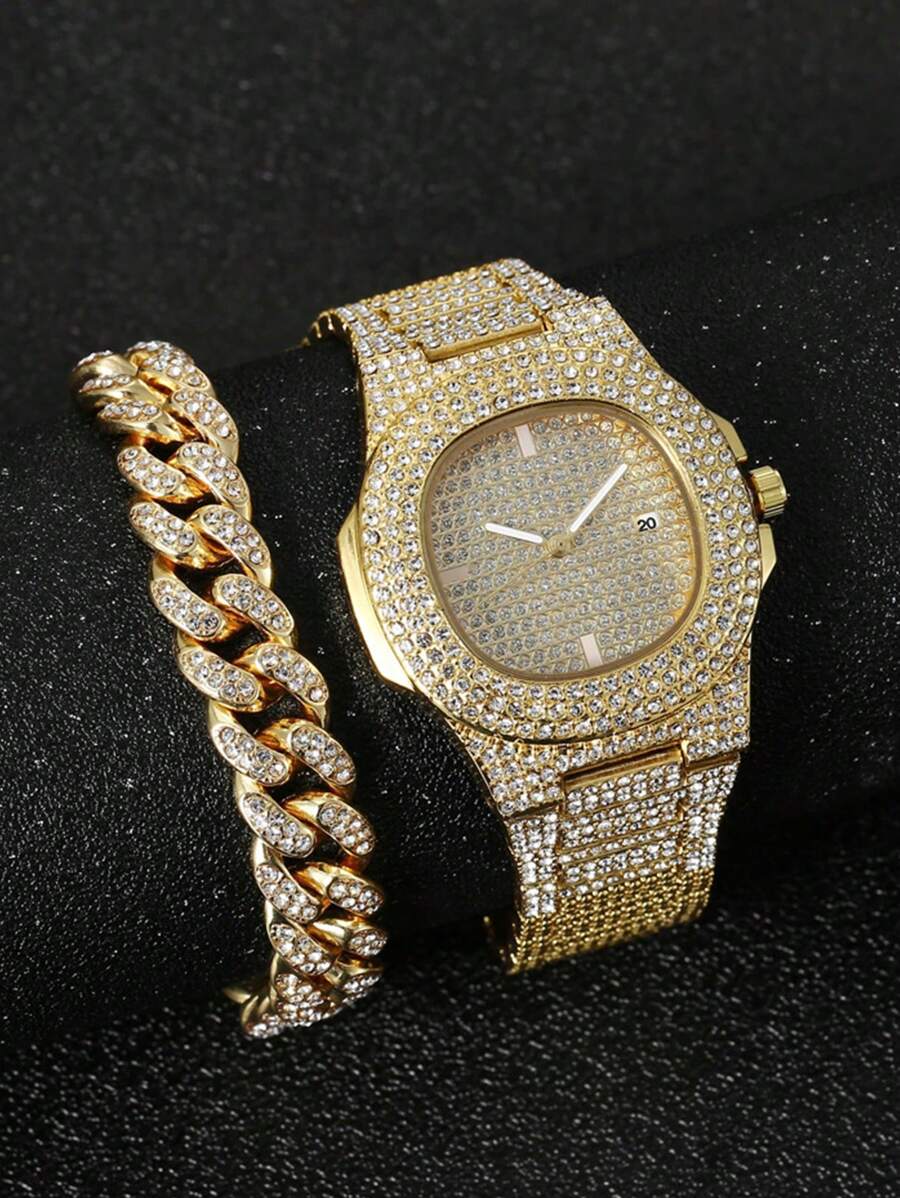 Chiếc Nam Vàng Dây Đeo Hợp Kim Kẽm Duyên Dáng Đá Trang Trí Mặt Tròn Đồng Hồ Thạch Anh Và 1 Chiếc Vòng Tay Cho cuộc Sống Hàng Ngày - phai - Xem 1