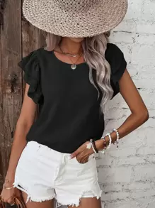 SHEIN Frenchy Solid Butterfly Sleeve Blouse - Black - View 1