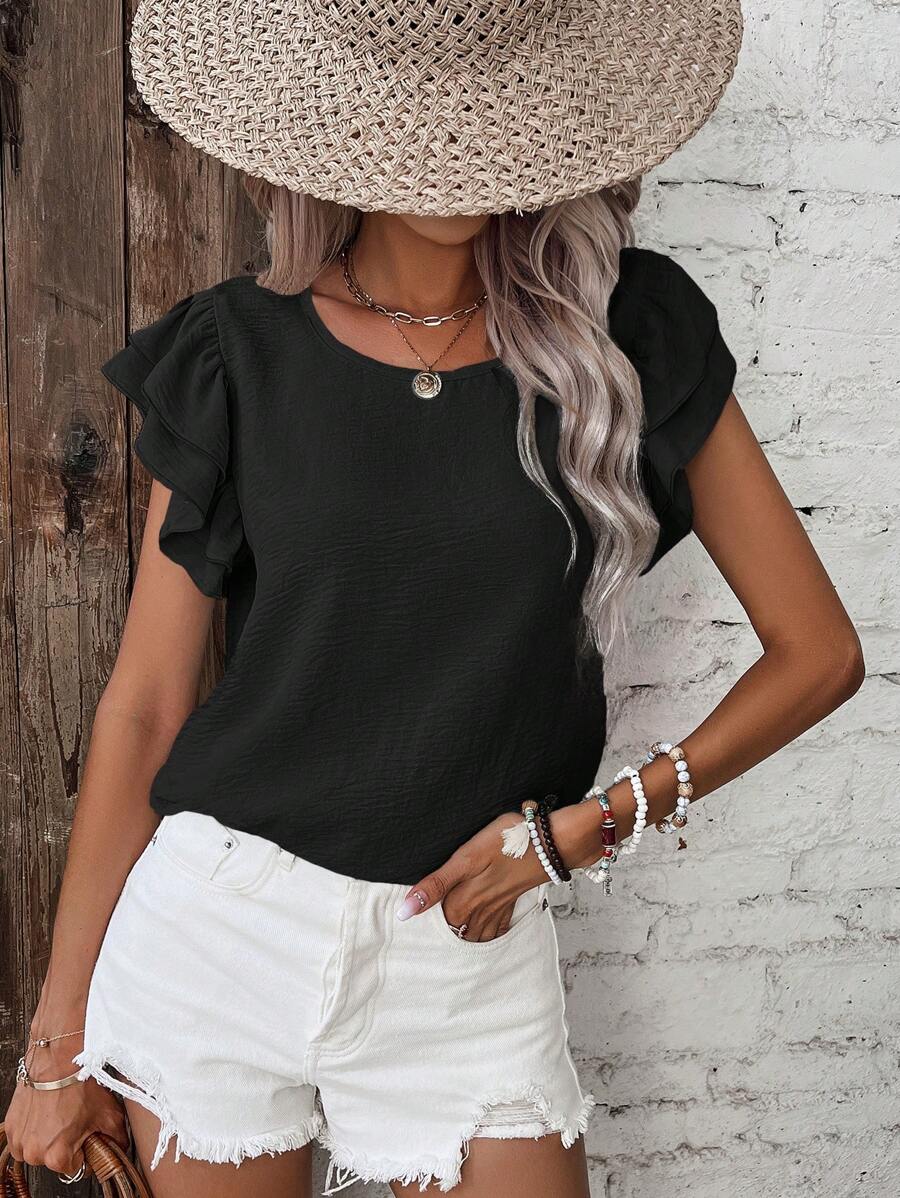 SHEIN Frenchy Solid Butterfly Sleeve Blouse - Black - View 1