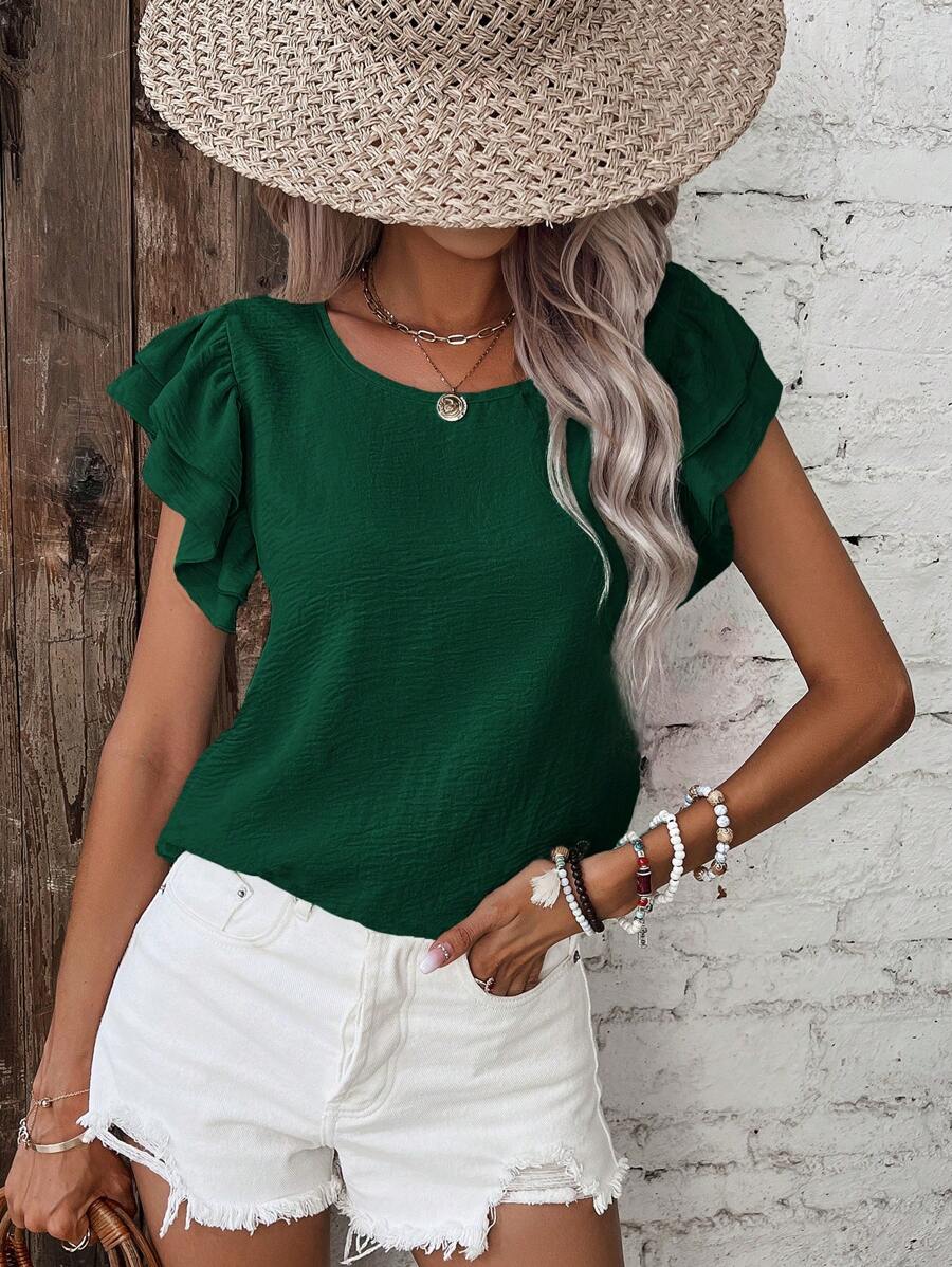 SHEIN Frenchy 素色蝴蝶袖襯衫 - 綠色 - 查看 1