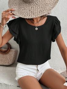 SHEIN Frenchy Solid Butterfly Sleeve Blouse - Black - View 3