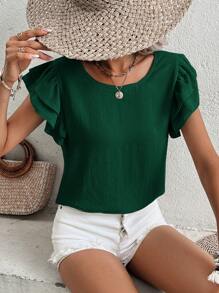 SHEIN Frenchy 素色蝴蝶袖襯衫 - 綠色 - 查看 3