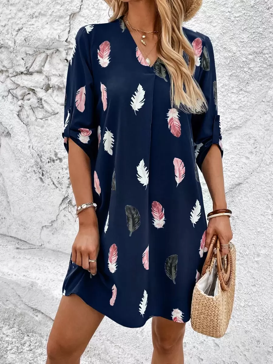 SHEIN LUNE Feather Print Roll Tab Sleeve Tunic Dress - Navy Blue - View 1