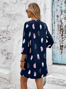 SHEIN LUNE Feather Print Roll Tab Sleeve Tunic Dress - Navy Blue - View 2