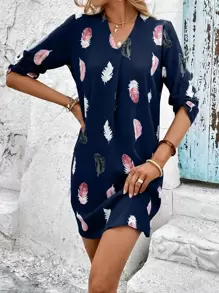 SHEIN LUNE Feather Print Roll Tab Sleeve Tunic Dress - Navy Blue - View 3