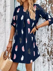 SHEIN LUNE Feather Print Roll Tab Sleeve Tunic Dress - Navy Blue - View 4