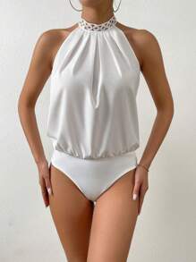 SHEIN Frenchy 提花蕾絲後綁帶連體衣 - 白色 - 查看 5