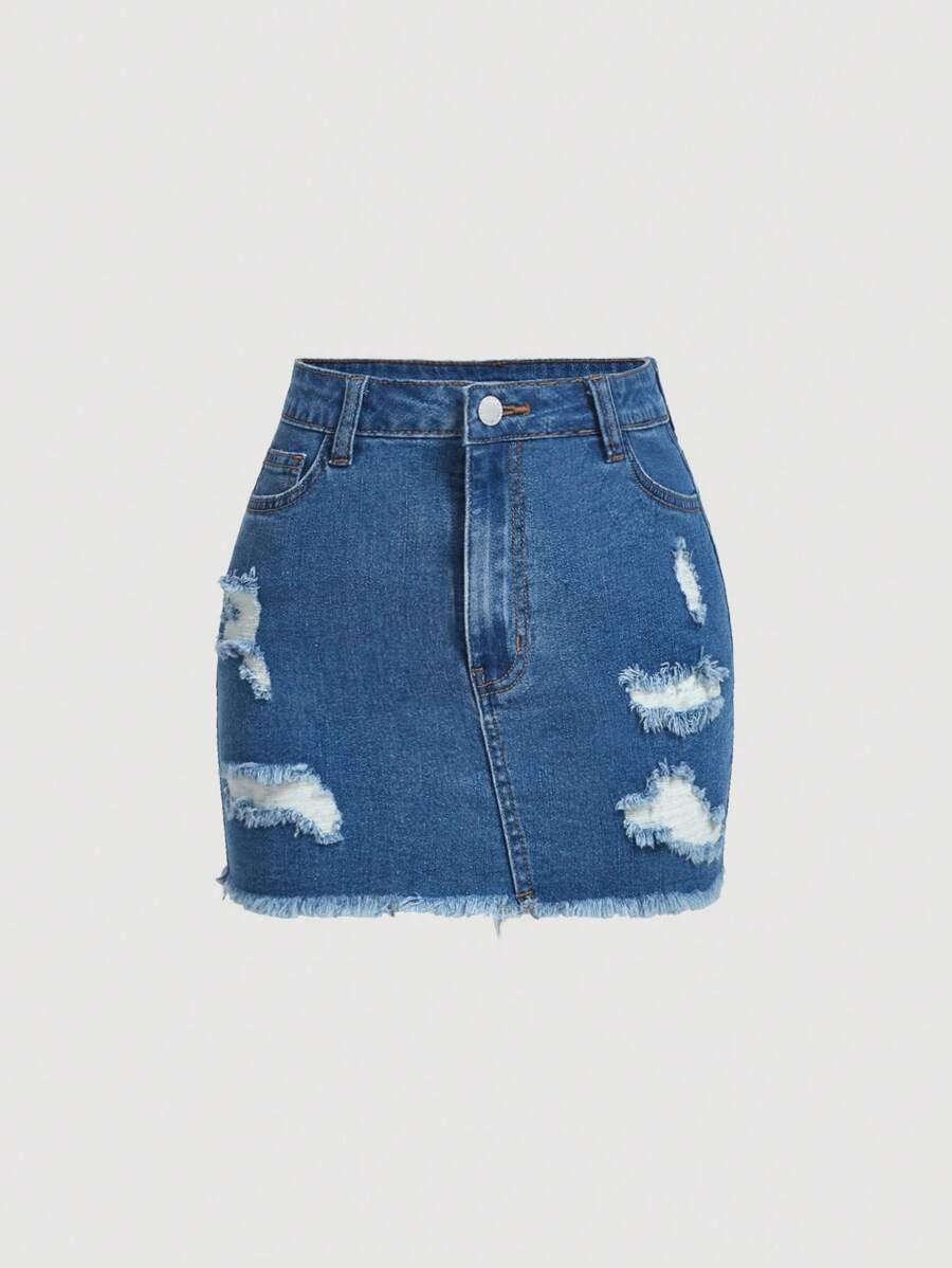 SHEIN Teen Girls Ripped Raw Hem Denim Skirt - Medium Wash - View 1