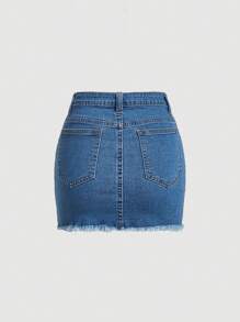 SHEIN Teen Girls Ripped Raw Hem Denim Skirt - Medium Wash - View 2