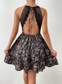 Chiquease Ditsy Floral Print Contrast Lace Tie Backless Ruffle Hem Dress - Black - View 1