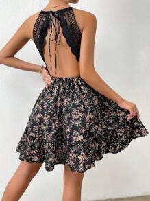 Chiquease Ditsy Floral Print Contrast Lace Tie Backless Ruffle Hem Dress - Black - View 3