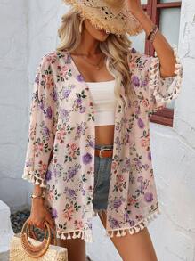 Floral Print Tassel Trim Kimono - Multicolor - View 3