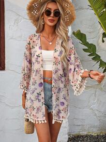 Floral Print Tassel Trim Kimono - Multicolor - View 5