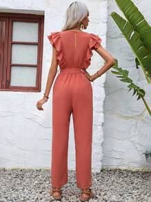 Breezaya Ruffle Trim Belted Wide Leg Jumpsuit - Coral Pink - View 2