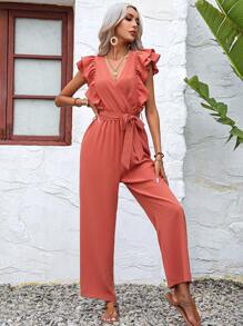 Breezaya Ruffle Trim Belted Wide Leg Jumpsuit - Coral Pink - View 5