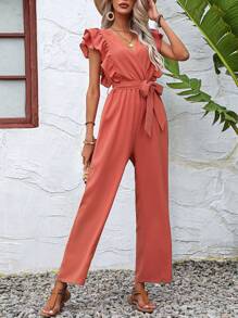 Breezaya Ruffle Trim Belted Wide Leg Jumpsuit - Coral Pink - View 6