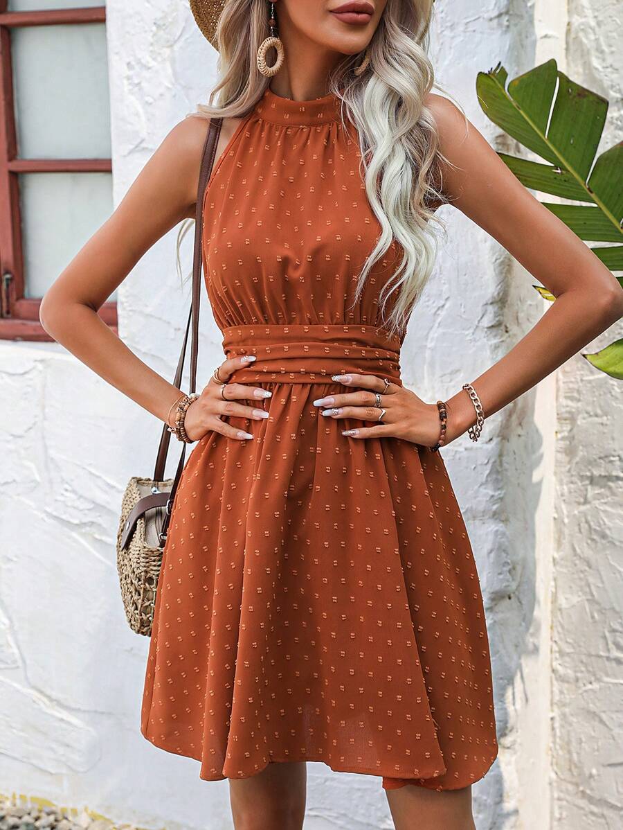 Hotletica 瑞士圆点锁眼背带式连衣裙 度假海滩装 女款 - 亮橙色 - 查看 1